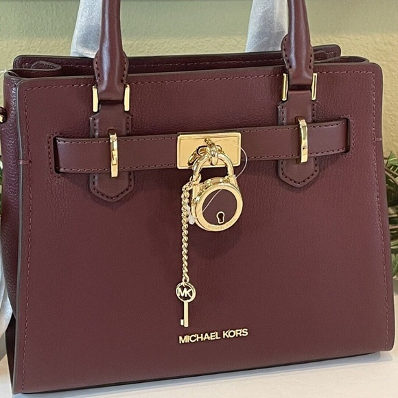 Michael Kors Hamilton Small Leather Satchel Key Lock Crossbody Bag (Merlot) - Picture 1 of 7